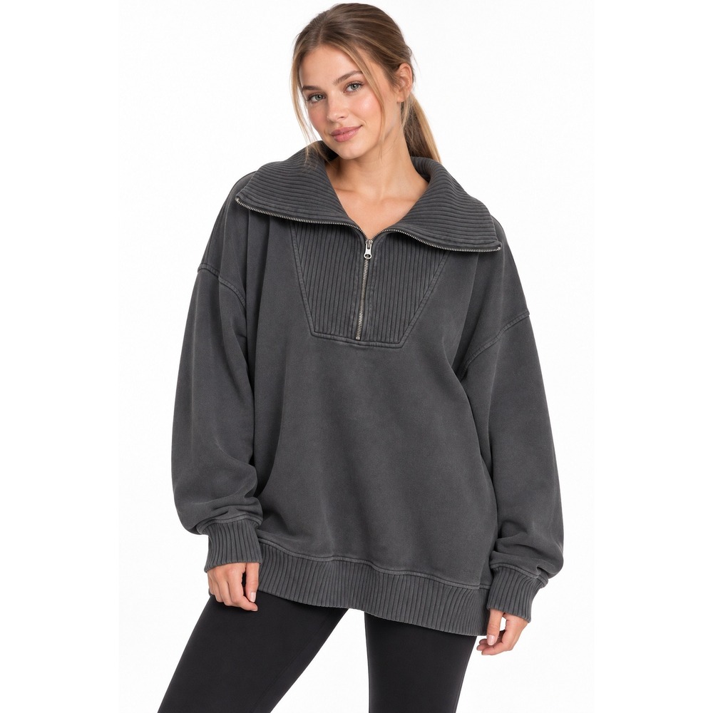 Aerie Oversized Quarter Zip Sweatshirt XL Charcoal Gray Ribbed Collar Athleisure